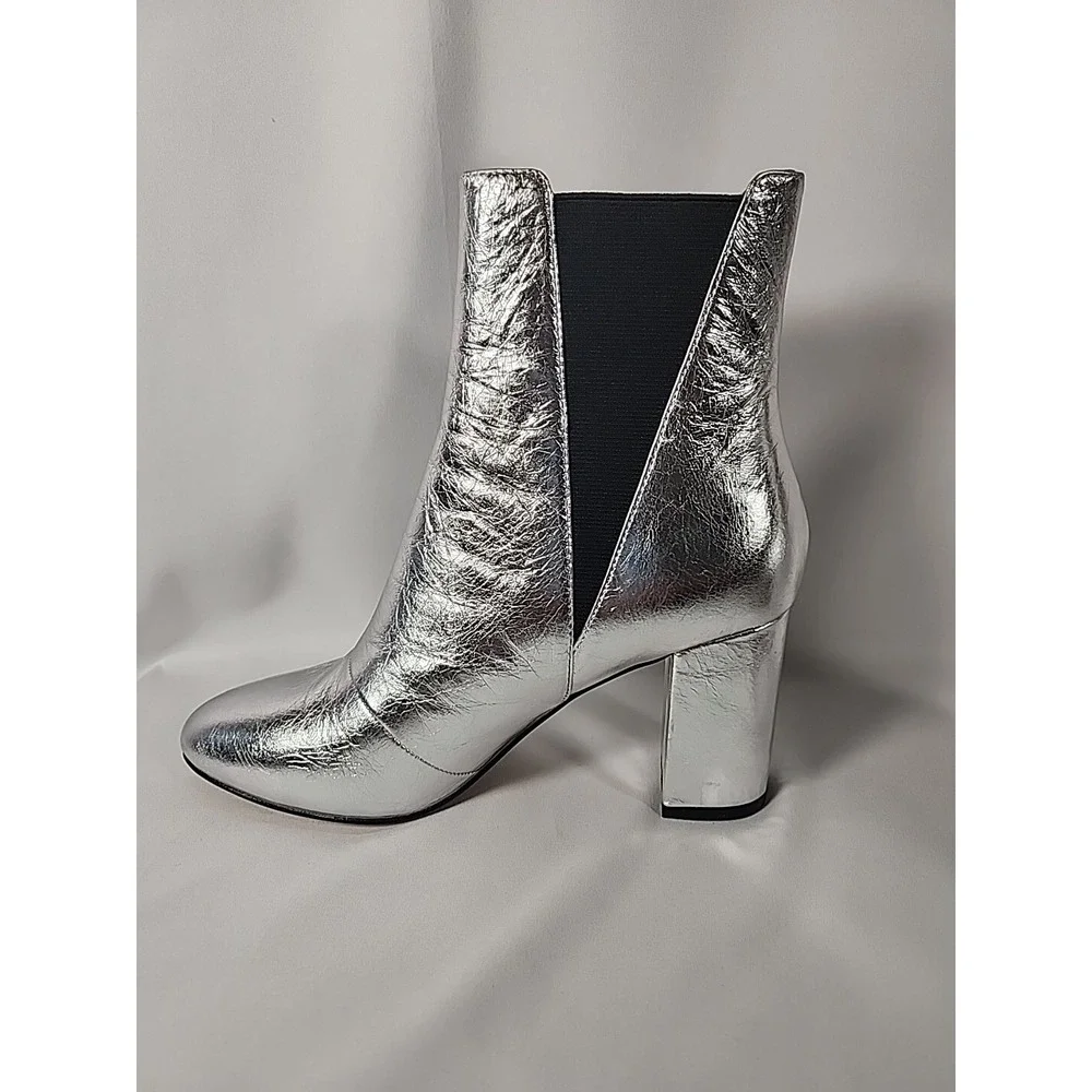 REBECCA MINKOFF Silver Serena Block Heel Slip On Leather Chelsea Booties Women 6